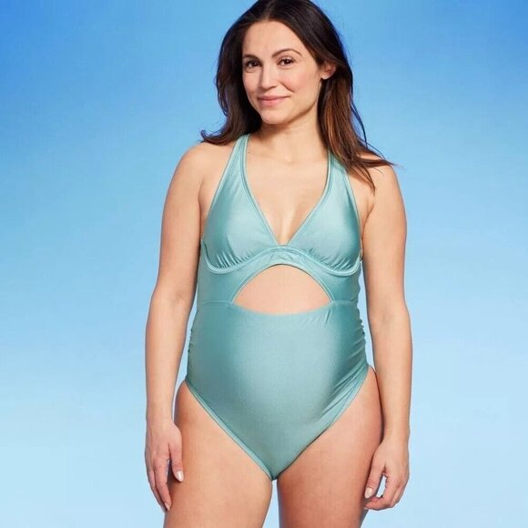Ingrid & Isabel Maternity Metallic Baby Blue Cut Out Front 1 Pc Swimsuit - Picture 1 of 6